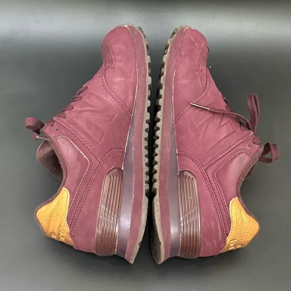 NEW BALANCE 574 Molten Maroon Burgundy Creased Gold Heel Sneakers Size 7 - Image 6