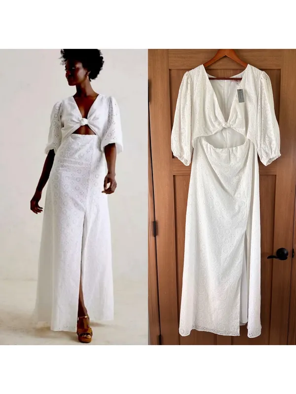 NWT Hutch Anthropologie White Eyelet Cutout Maxi Dress Puff Sleeve Women’s 12 P - Image 2