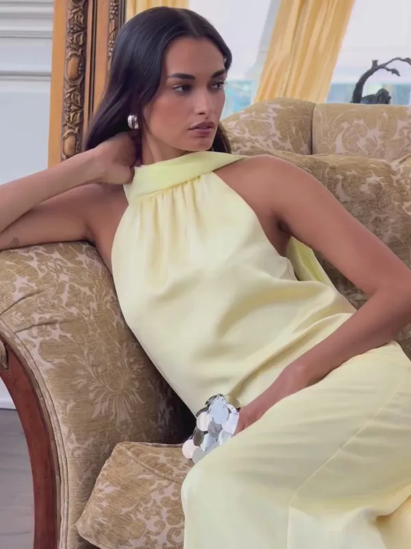 NWT Few Moda Alessia Maxi Dress size XL butter yellow halter o.p.t scarf - Image 7
