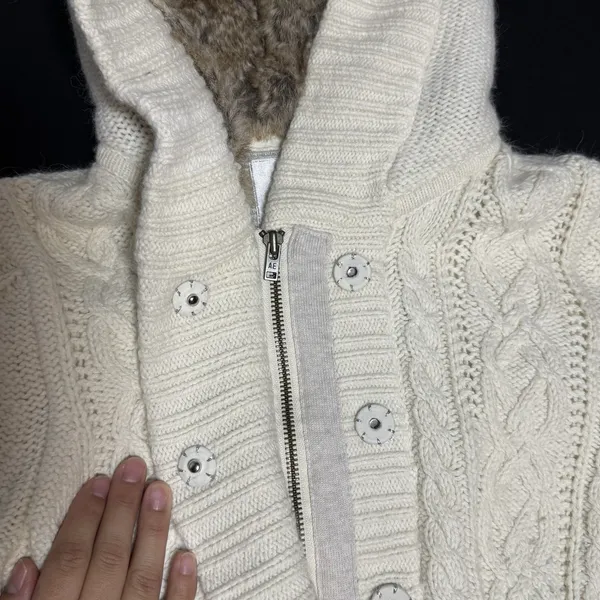 Vtg Y2k American‎ Eagle Cream Cableknit Hooded Sherpa Lined Zip Up Jacket Size M - Image 7