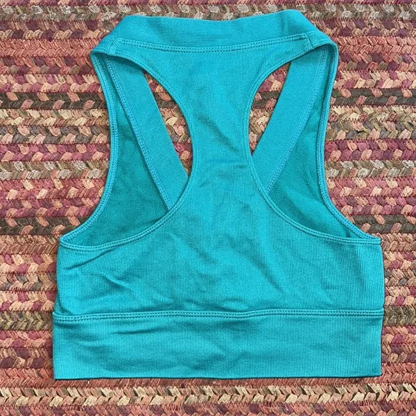 Bella Movement Teal Blue Ribbed Lace Up Racerback Sports Bra Seamless - Image 3