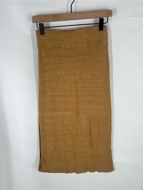 Free People Golden Hour Midi Skirt Small Golden Brown Ribbed Knit Side Slit - Image 2