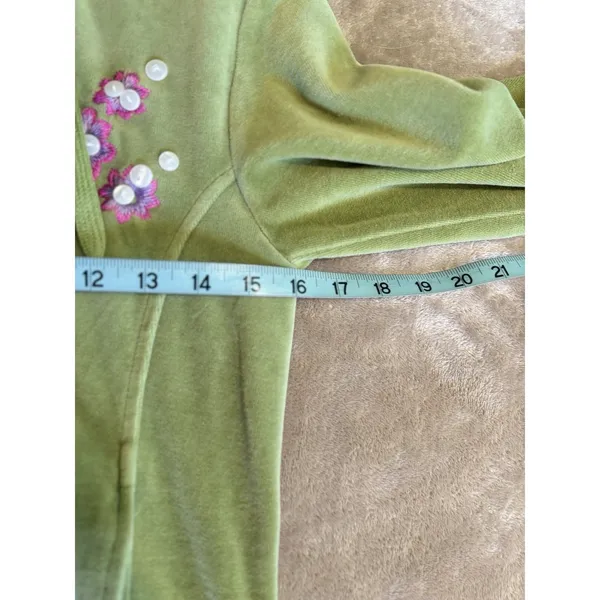 Vintage Connie Velour Green Zip Up Hoodie‎ Buttons Embroidery Pockets - Image 6