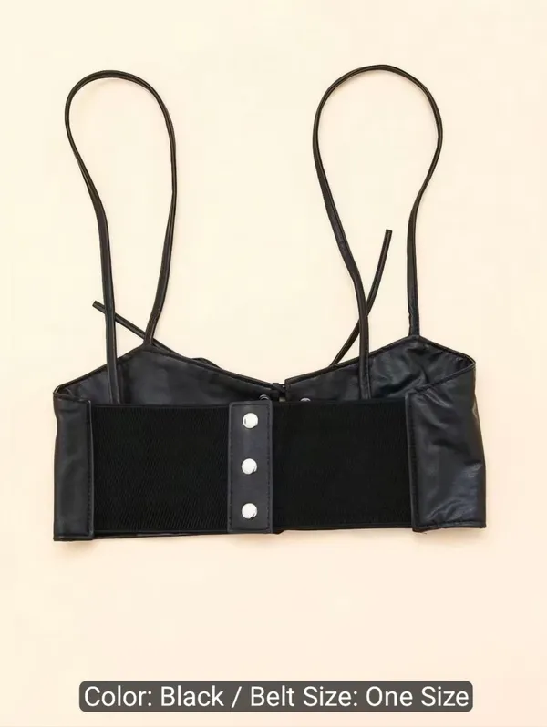 Black Lace Up Corset Style‎ Faux Leather Belt Waist Cincher One Size - Image 7