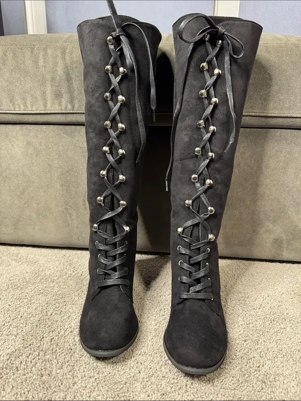Tall Black Faux Suede Lace-Up Women’s Boots Gothic Size 8.5 (41) NEW - Image 3