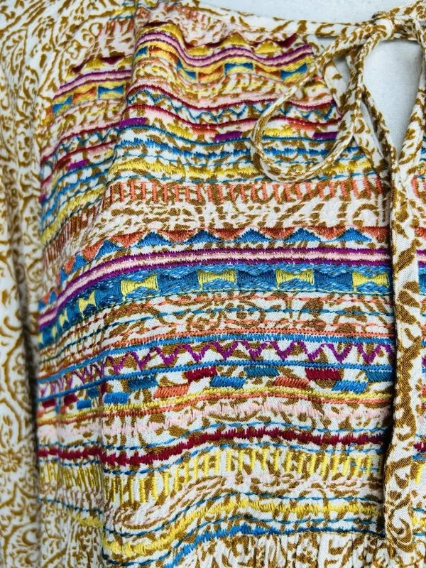 Savanna Jane Embroidered Shirt Peasant Southwest Floral Boho Sz L Tie Neck - Image 3