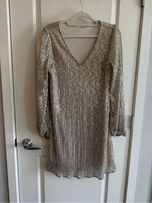 Carmela Silver Sequin V-Neck Long-Sleeve Mini Dress - Evening Glam - Image 2