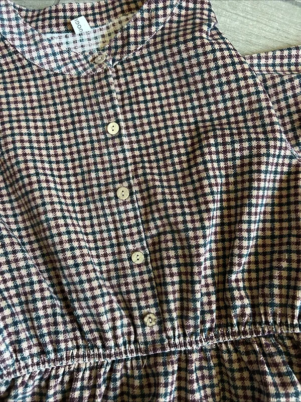 GOUGOU Brown and White Gingham Long Sleeve Midi Dress with Buttons - Image 4