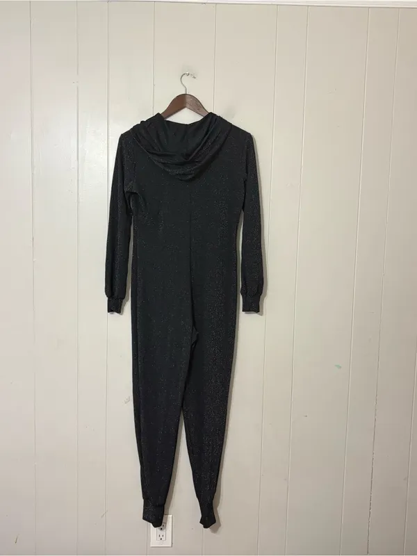 Savage X Fenty Sleep & Shine Hooded Jumpsuit Black Glitter Sz S Zip Front Lounge - Image 11