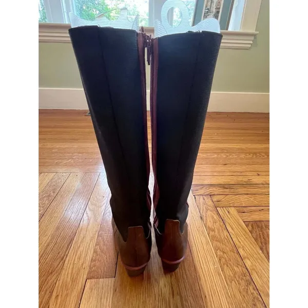 John Fluevog Hopefuls Blossom Tall Boots Burgundy Brown Boho Leather Two Tone 7 - Image 5