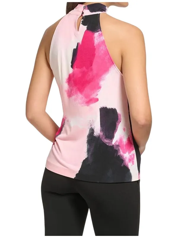 DKNY Womens Sleeveless High-Neck Top Pink & Black Abstract Print Size M - Image 2