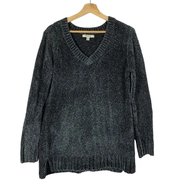 Orvis Marled Navy Blue Chenille Knit‎ V-Neck Sweater L - Image 2
