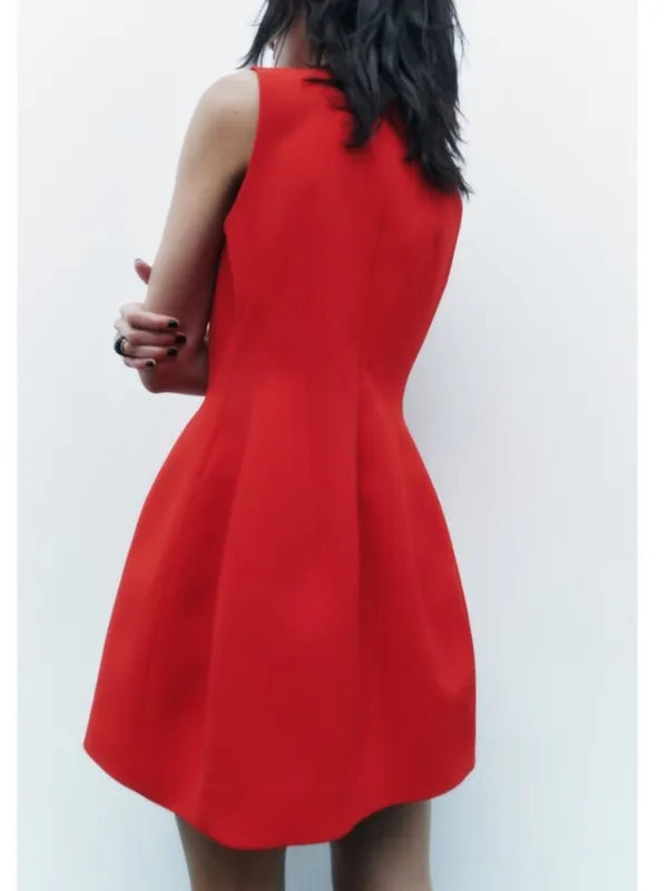 ZARA Bright Red Sleeveless Dress - Image 4