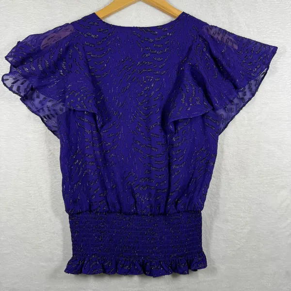 Ramy‎ Brook Purple Silk Metallic Flutter Sleeve Smocked Waist Blouse XS - Image 8