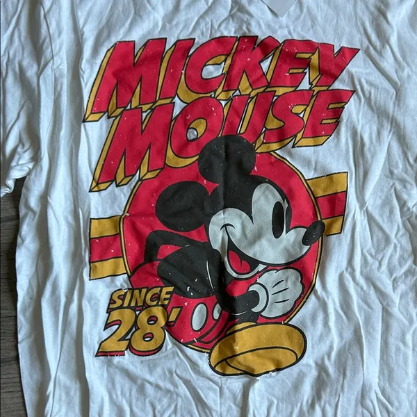 Disney White Mickey Mouse Graphic Tee with Red and Yellow Artwork - Image 4