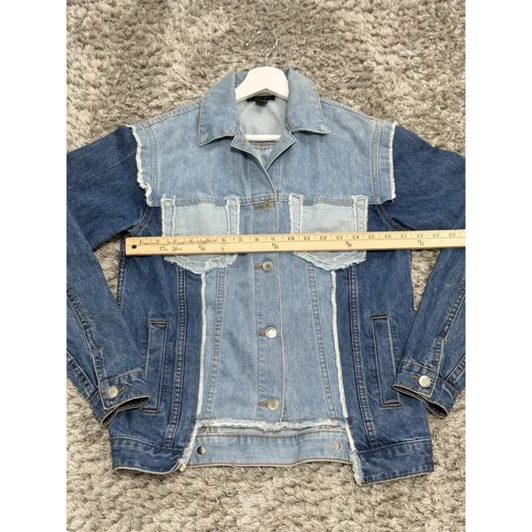 RD Style Womens Size XS Patchwork Denim Jacket Two Tone Blue Raw Hem Distressed - Image 12