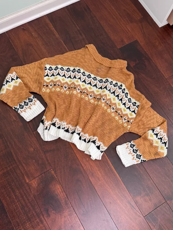 Angie NWT Collared Fair Isle Cropped Knit Sweater Mustard Brown Boho Medium - Image 8