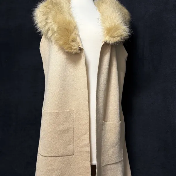 Baldini Mumu Lombardi Long Cardigan in Taupe with a faux fur‎ collar. SIze L - Image 4