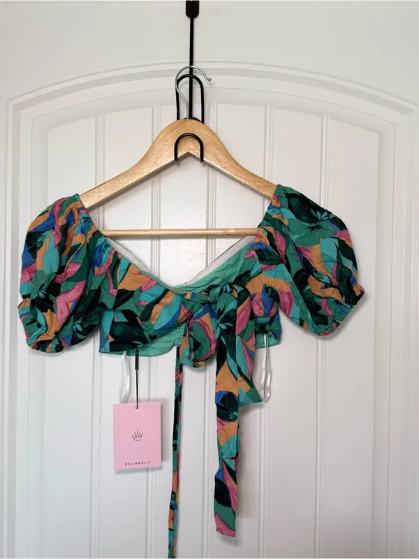 Hello Molly XS Multicolor Off The Shoulder Puff Sleeves Crop Top Tropical Print - Image 4