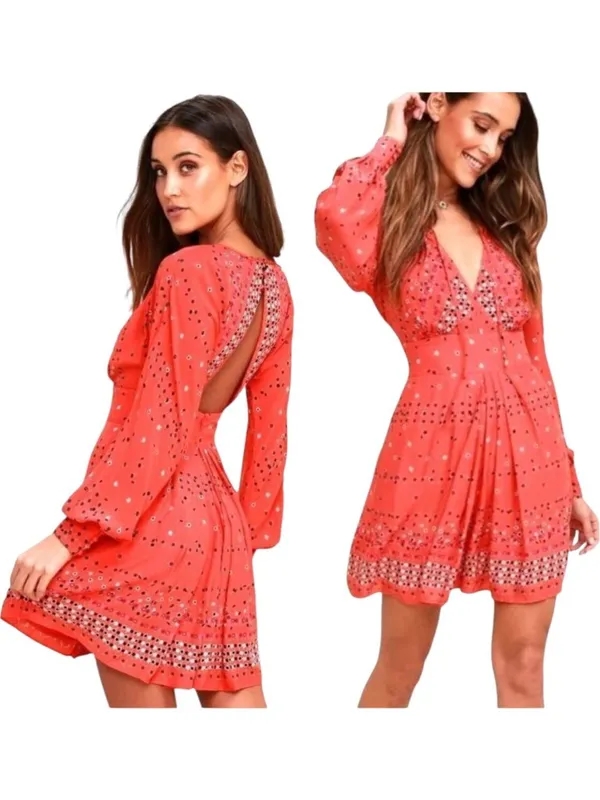 Free People Red Coryn Coral Polka Dot Long Sleeve Fit And Flare Dress Size‎ 0 - Image 2