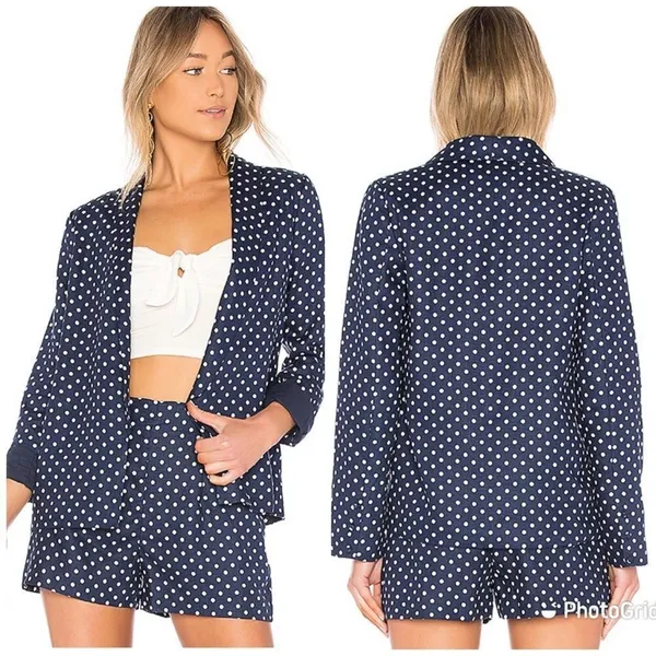 L’ACADEMIE Polka‎ Dot Linen Blazer Medium Navy Blue White Boyfriend Open Front - Image 4