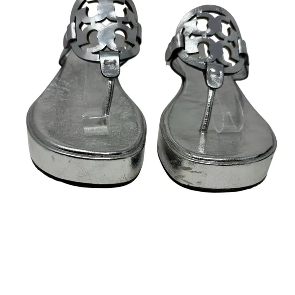 Tory Burch Miller Silver Metallic Leather Platform Wedge Sandals Logo Thong 9 - Image 2