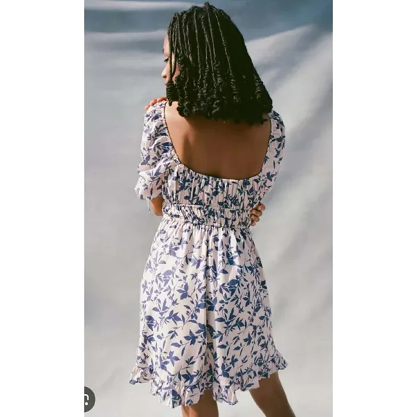 Urban Outfitters Blue Leaf Print Smocked Puff Sleeve Ruffle‎ Mini Dress XS Cream - Image 2