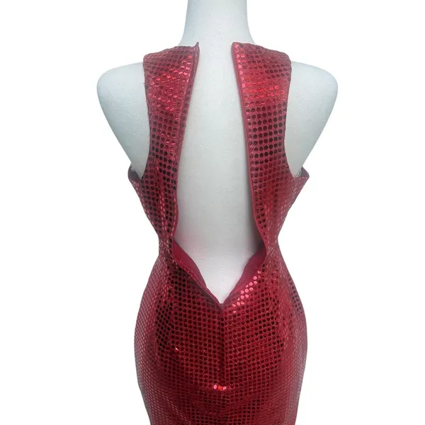 VTG Y2K Sequin Cocktail Mini Dress XS Red Metallic Sweetheart Racerback 90s Glam - Image 7