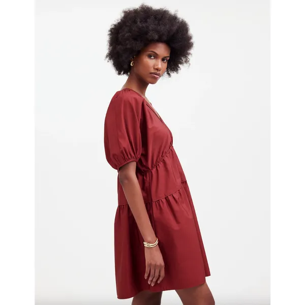 Madewell Puff Sleeve Mini Dress Poplin Claret Burgundy A Line Pockets XL NWT - Image 4