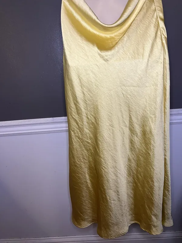 Cider Dress Womens Medium Yellow Satin Lace Cowl Neck Backless Slip Maxi - Image 10