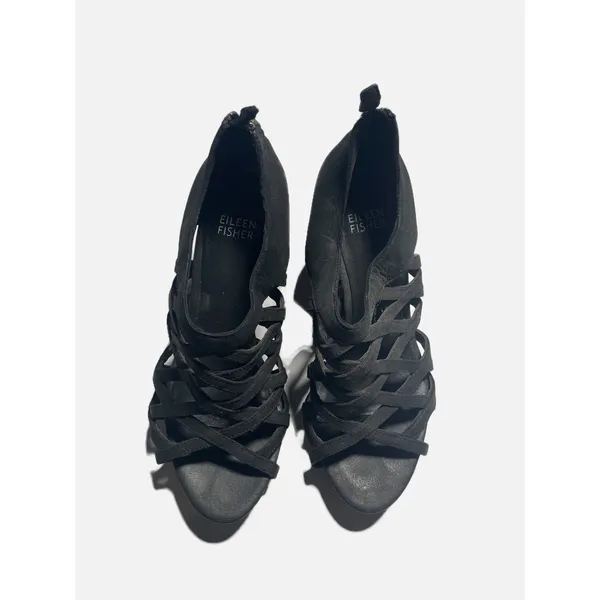 Eileen Fisher‎ Wedge Sandals Cage 6 Black Leather Caged Strappy Zip Back Heels - Image 3