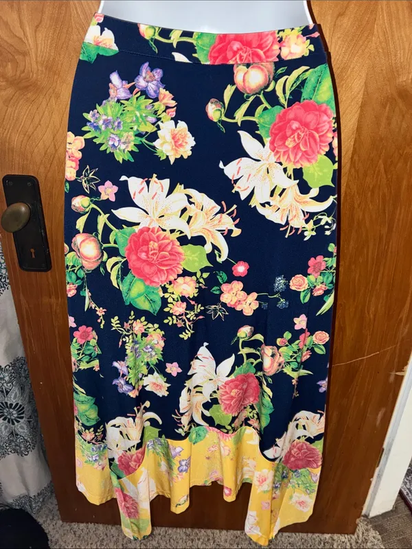 Rafaella Boho Floral Navy Blue, Yellow, Pink, Cream, & Green Midi Skirt - Size - Image 6