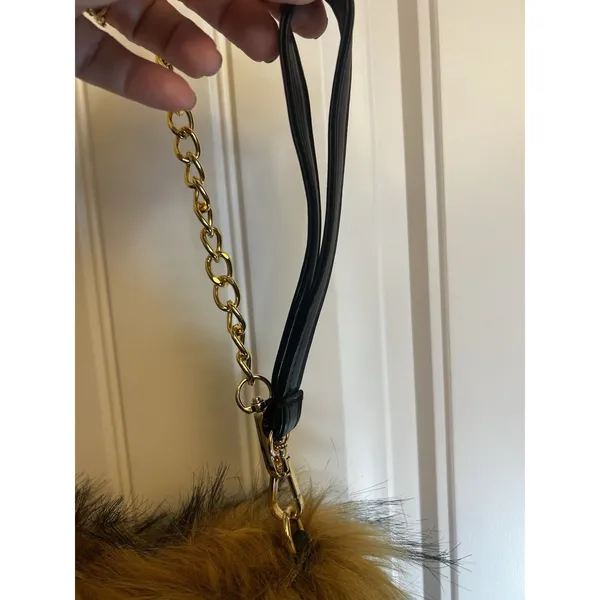 Faux Fur Shoulder Crossbody Bag Brown Gold Chain Cozy Winter Plush Handbag Purse - Image 9