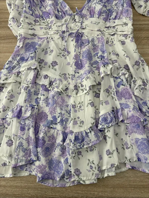 New For Love & Lemons Rosalyn Mini Dress White Lilac Floral Women Size Large - Image 12