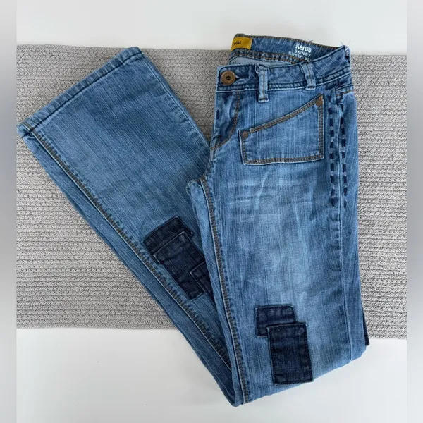 Set/2 MEK Denim Keros Skinny Super Bell Low Rise Flare Jeans Patchwork Dk Rinse - Image 7