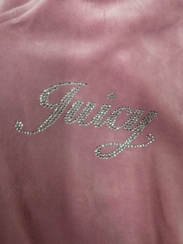 Juicy Couture Pink Velour Full Zip Cropped Jacket with Hood Size Large - Image 2
