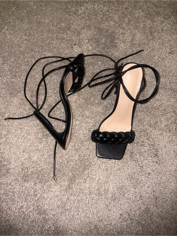 Braided Strap Black Lace-Up Heeled Sandals by Cathy Din size 7 - Image 3
