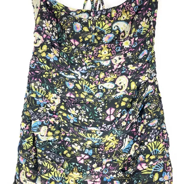 ZARA Floral Mini Dress Large Ruched Bodycon Halter Sweetheart Paisley Print - Image 9