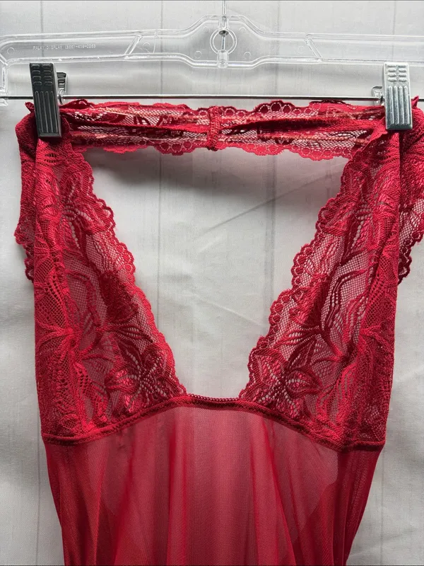 Frederick’s of Hollywood Red Lace Mesh Chemise Halter Cinced Side Sexy Nighty - Image 2