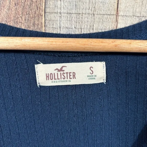 Hollister Y2K Ribbed Henley Top Navy Blue Long Sleeve Fitted Small Shirt Indie - Image 2