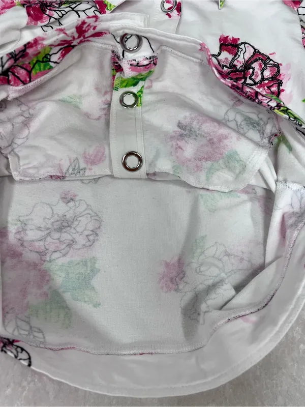 Floral sequin Button-Up Jacket White Pink & Green Flowers pockets L Stained - Image 6