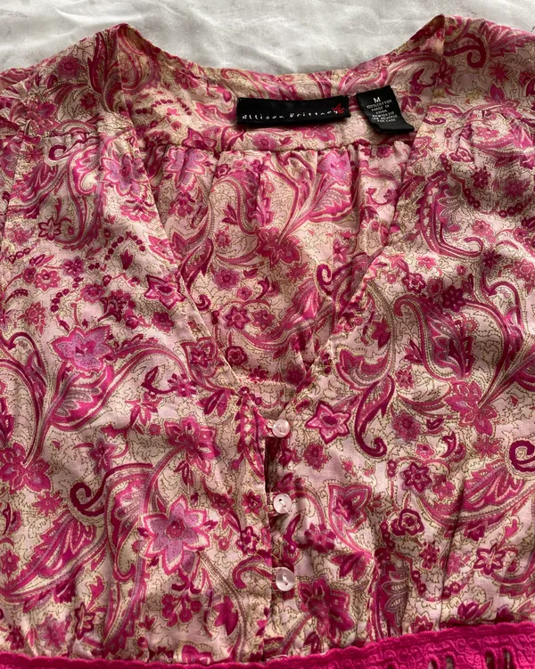 Floral Pink Beige Barbiecore High Waist Cotton Dress, size M - Image 6