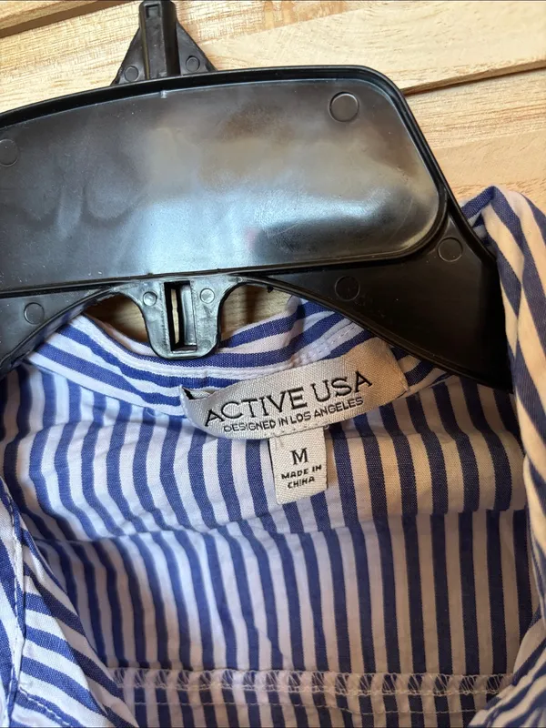 Active USA Blue and White Striped Collared Shirt Medium - Image 3