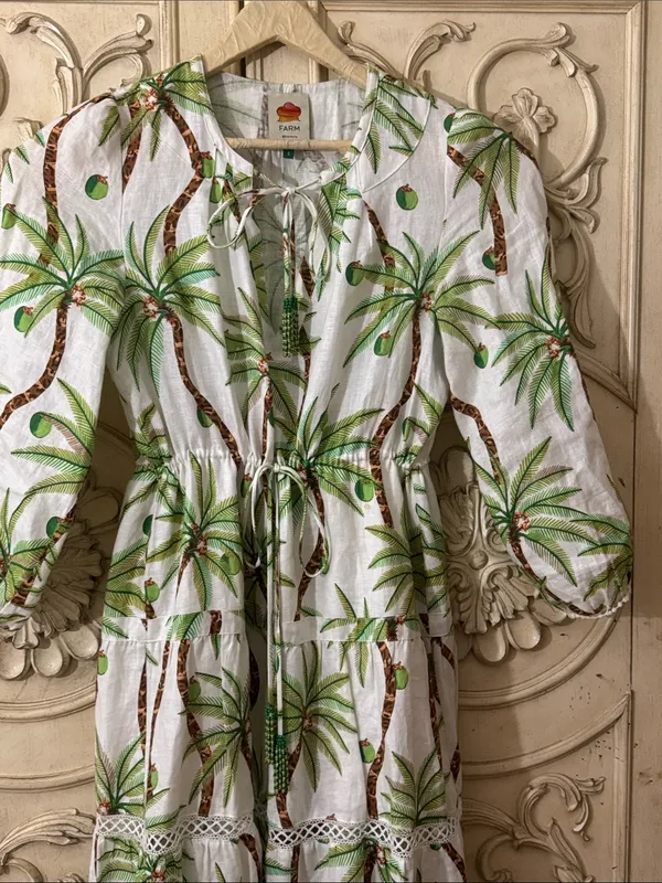 Farm Rio Bohemian Palm Tree Print Cotton Maxi Long Sleeve Dress Size Small - Image 5