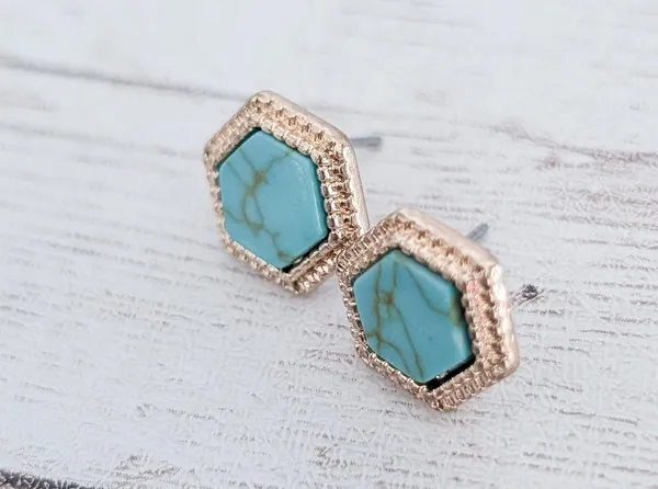 Vintage Stud Earrings Hexagon Shape Gold Tone & Turquoise Tone 0.5" Dainty - Image 3