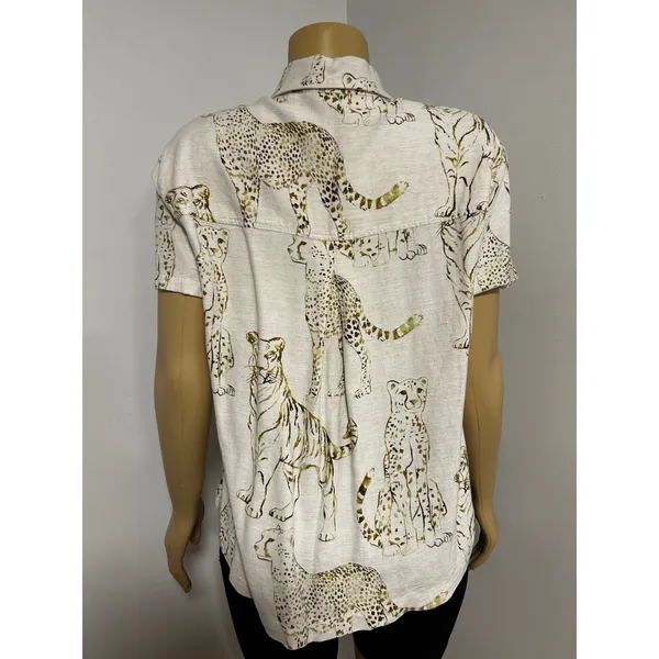 Vintage Big Cat Print Short Sleeve Button Down Shirt Ivory Gold Tiger Cheetah - Image 4