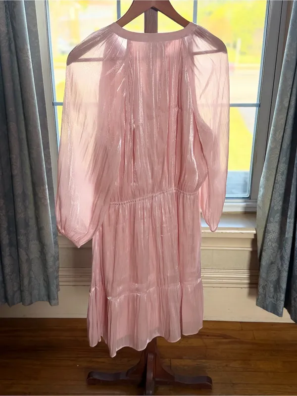 LC Lauren Conrad Light Pink Shimmer Tiered Long-Sleeve Dress large - Image 3