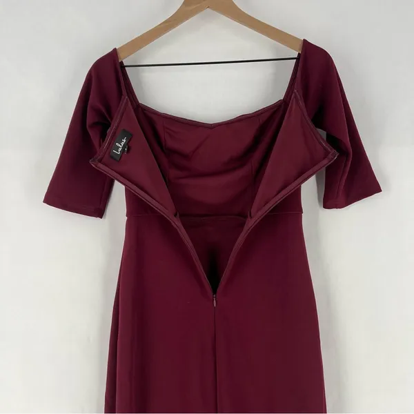 Lulus Burgundy Stretch Crepe‎ Off The Shoulder 3/4 Sleeve Faux Wrap Midi Dress - Image 11