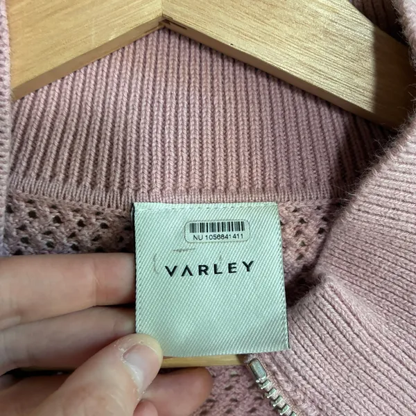 Varley Quarter Zip Knit Sweater Medium Pink Women Cotton Chevron Detail - Image 4