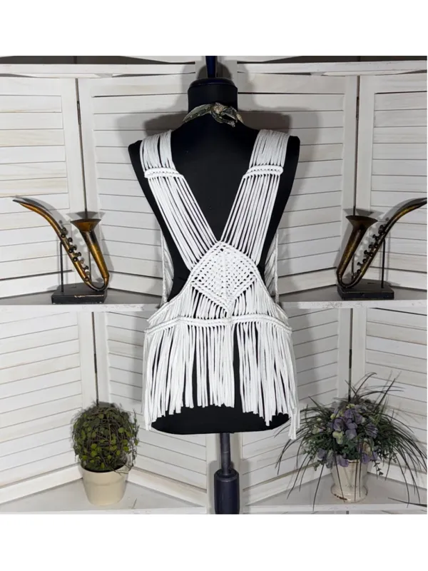 Solitaire white fringes crochet vest top macrame boho fairy festival coastal S - Image 2